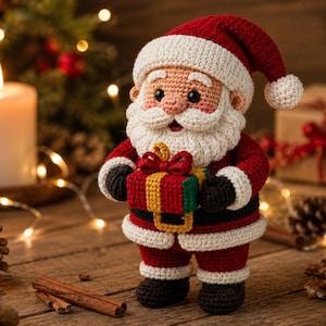 May include: A crocheted Santa Claus figurine wearing a red suit with white trim, a matching hat with a white pom-pom, and black boots. The figure has a white beard and holds a small, rectangular gift box wrapped in green, yellow, and red yarn.