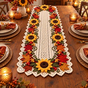 Peut inclure: Un chemin de table rectangulaire en crochet avec une base couleur crème et un bord festonné. Le motif présente des tournesols jaunes, des feuilles vert foncé, des feuilles d'érable rouges et des grappes de petites baies orange et rouges.