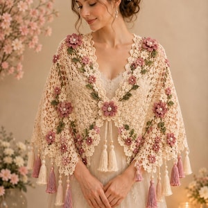 Könnte beinhalten: Ein cremefarbener Häkelschal mit komplizierten Spitzenmustern, verziert mit dreidimensionalen rosa und weißen Blumenapplikationen, grünen Blättern und herabhängenden Quasten in Creme- und Altrosatönen, abgerundet mit kleinen perlenartigen Akzenten.