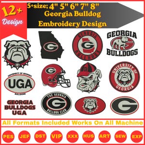 Puede incluir: Una colección de 12+ diseños de bordado de Georgia Bulldog en tamaños de 4, 5, 6, 7 y 8 pulgadas. Los gráficos incluyen bulldogs, la letra G, cascos de fútbol americano y texto que incluye University of Georgia y UGA en rojo, negro y blanco.