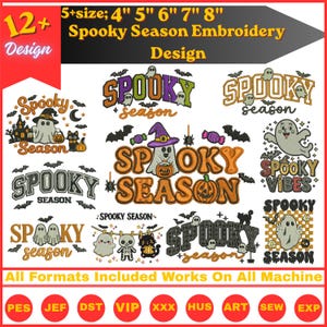 Op de afbeelding: Een collectie van 12+ digitale borduurontwerpen met Halloween-thema's zoals spoken, pompoenen, katten en vleermuizen. De tekst luidt Spooky Season en Spooky Vibes. Beschikbaar in formaten van 4, 5, 6, 7 en 8 inch voor borduurmachines.