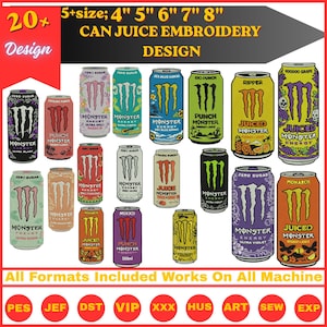 Puede incluir: Una colección digital de más de 20 diseños de bordado de latas de bebida energética Monster en tamaños de 4, 5, 6, 7 y 8 pulgadas. La imagen muestra varios gráficos de latas coloridas con logotipos y texto, compatibles con formatos PES, JEF, DST, VIP, XXX, HUS, ART, SEW y EXP.