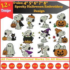 May include: A digital collection of 12+ Snoopy Halloween embroidery designs in 4, 5, 6, 7, and 8 inch sizes. The graphics feature the character in various costumes, including a ghost, witch, and pumpkin themes, with text reading Spooky Halloween Embroidery Design.