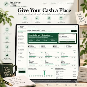 May include: A digital cash envelope planner displayed on a laptop screen, featuring a dashboard with financial tracking tools, budget categories, and spending charts. The interface uses a dark green and white color scheme with text labels.