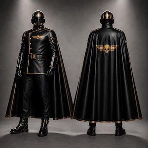 Pode incluir: Um traje de estilo militar em preto e dourado, apresentando uma jaqueta estruturada com um emblema de caveira dourada, uma capa correspondente, um capacete com viseira, calças e botas. A parte de trás da capa exibe uma grande insígnia de caveira alada dourada.