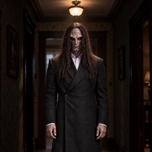 Peut inclure: Une silhouette aux longs cheveux sombres et à la peau pâle et texturée, vêtue d'un manteau noir à double boutonnage sur une chemise blanche à col. La silhouette a des yeux enfoncés et se tient dans un couloir sombre aux boiseries foncées.