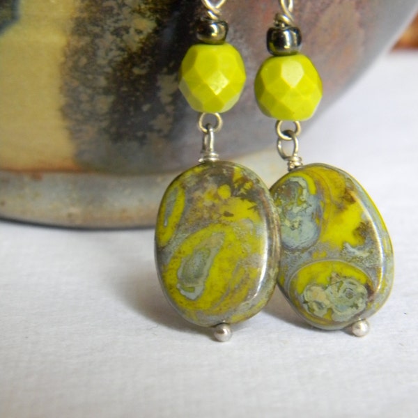 Pea Soup... Lime Green, Grey & Teal, Precious Stone Dangle Earrings, Warm Tones