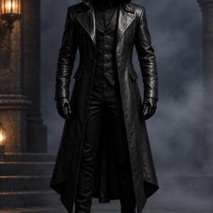 May include: A full-length black leather trench coat worn over a matching black vest, shirt, and trousers. The ensemble includes a hooded collar, long sleeves, fitted black gloves, and polished black leather boots, creating a monochromatic outfit.