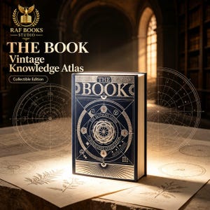 May include: A dark blue hardback book titled THE BOOK with silver foil celestial and geometric designs on the front cover. The cover features circular patterns, star motifs, and text reading THE ULTIMATE GUIDE TO HIKHERANG CEERET JIIURA.