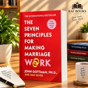 May include: A red book titled The Seven Principles for Making Marriage Work by John Gottman, Ph.D., and Nan Silver. The cover features white text, a pink circle stating Over a million copies sold, and two gold interlocking rings as the letter O.