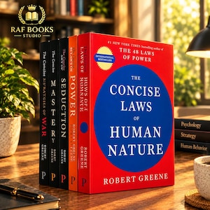 May include: A collection of five books by Robert Greene, including The Concise Laws of Human Nature, Laws of Human Nature, The Concise Laws of Power, The Concise Art of Seduction, Mastery, and The Concise 33 Strategies of War, with red and black covers.
