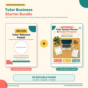 May include: A Tutor Business Starter Bundle featuring a 15-page Tutor Welcome Packet with a photo placeholder and a 20-page Tutor Session Planner & Student Progress Tracker. This set includes 35 editable Canva templates in US Letter size.