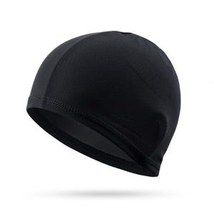 May include: A solid black skull cap featuring a smooth, lightweight fabric construction with a rounded crown and a reinforced stitched hem along the bottom edge. The design is simple and functional, providing a snug fit with a consistent dark colour.