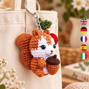 Mönster för nyckelring med ekollonekorre i PDF-format, söt ekorre-amigurumi, virkad väskberlock, 5 språk, direktnedladdning