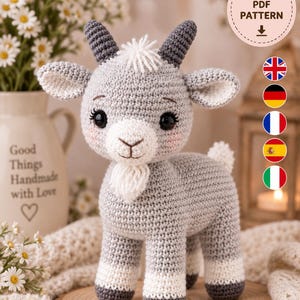 May include: A gray and white crocheted goat toy with dark gray horns, a small white beard, and black safety eyes. The goat has pink blush on its cheeks and white accents on its lower legs. A circular badge reads DIGITAL PDF PATTERN.