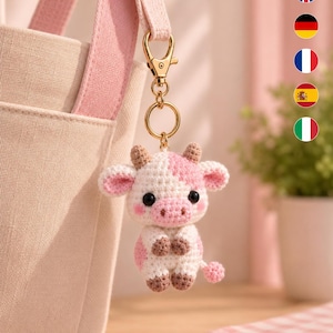 May include: A crochet cow keychain featuring white and pink yarn, small brown horns, and dark eyes. The cow is attached to a gold-colored metal lobster clasp and ring, which is clipped onto the strap of a light beige canvas bag with pink trim.