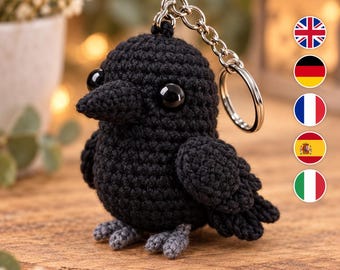 Crochet Crow Keychain Pattern PDF, Amigurumi Raven Bird Crochet Pattern, 5 Languages Included, Instant Download