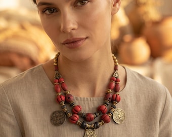 Handmade Bohemian Statement Necklace, Red Glass Beads, Ornate Metal Pendants, Ethnic Bib Jewelry