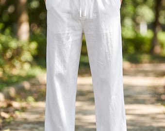 Men Cotton Linen pants | Casual Wide Leg Trousers | Drawstring Pants | Breathable vacation outfit | Summer Relaxed Fit Beach Pants