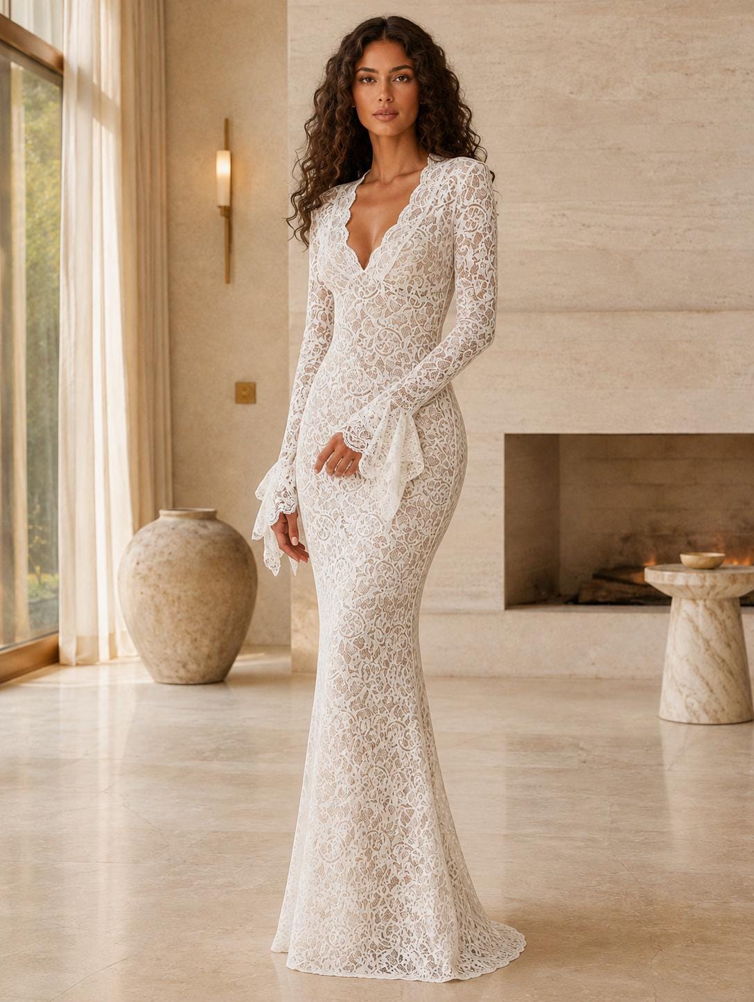 bridal shower maxi dress for bride White Long Sleeve Dress White Long Sleeve Dress Bridal Shower maxi dress for fall Back Style_Bow/Tie Back long sheer sleeves Color::#50-Champagne