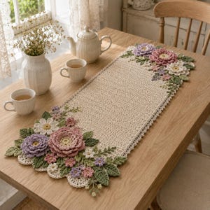 May include: A rectangular beige crochet table runner featuring intricate three-dimensional floral embellishments in shades of pink, lavender, and white, accented with green crocheted leaves at both ends, creating a textured decorative piece.