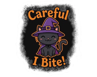 Careful I Bite - Kawaii Witch Cat with Fangs Decal Sticker