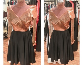 1980s Gold and Black Party Dress Off the Shoulder Chiffon Flutter Skirt Long Sleeve Vintage Cocktail Dress Shawl Collar Evening Dress