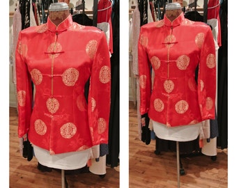1980s Red Silk Kimono Jacket Gold Dragon Red and Gold Quilted Midi Coat Mandarin Collar Dress Coat Embroidered Silk Satin Blazer