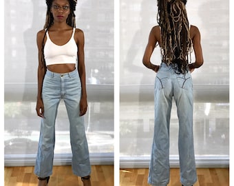 1970s High Waisted Jeans Vintage 70s Pentimento Bell Bottom Jeans Light Blue Distressed Size Small White Washed Jeans