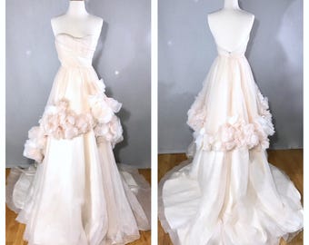 Silk Wedding Gown Cream Chiffon Dress Rose Wedding Dress Wedding Dress Small Floral Evening Gown Princess Dress Train Wedding Dress