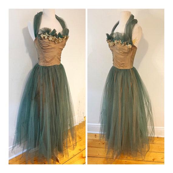 Vintage 1950s Taffeta Party Dress Green Tulle Ful… - image 2