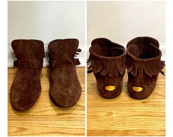 Size 11 Jimmy Choo Boots Vintage Jimmy Choo Moccasin Shoes Brown Suede Boots Fringe Ankle Booties