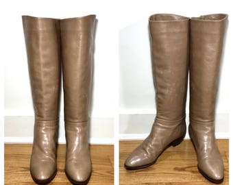 Vintage Knee High Boots Size 7 1/2 Tan Leather Boots Women's Tall Boots 80s Heeled Boots Brown Leather Boots Leather Riding Boots