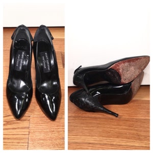 Size 9 Stuart Weitzman Heels Black Patent Leather Lace Back Bow Stiletto Heels Vintage Black Leather Stuart Weitzman High Heel Shoes image 4