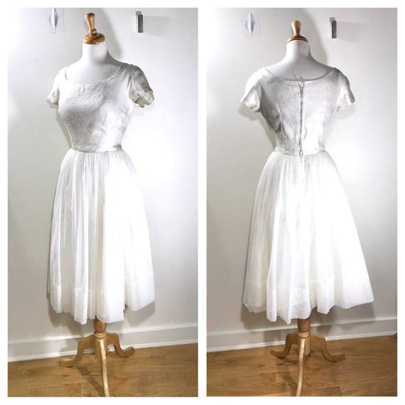 1950s White Chiffon Dress 1960s Short Wedding Dress Silver Simple Wedding Dress Summer Party Dress Cocktail Midi Dress Size Medium