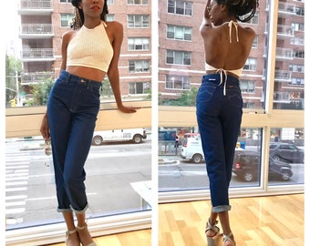 1980s High Waisted Jeans Dark Blue Tapered Jeans Rustler Denim Mom Jeans Pin-Up High-Waisted Vintage Jeans Small Extra Small Vintage Denim