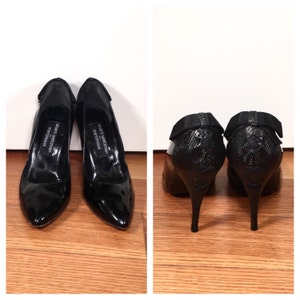 Size 9 Stuart Weitzman Heels Black Patent Leather Lace Back Bow Stiletto Heels Vintage Black Leather Stuart Weitzman High Heel Shoes image 1