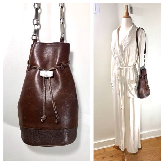 Vintage Marc Cross Bag Brown Leather Bag Drawstring Bag Chain Strap Bag 90s Leather Bag Brown Handbag Medium Bag Bucket Bag
