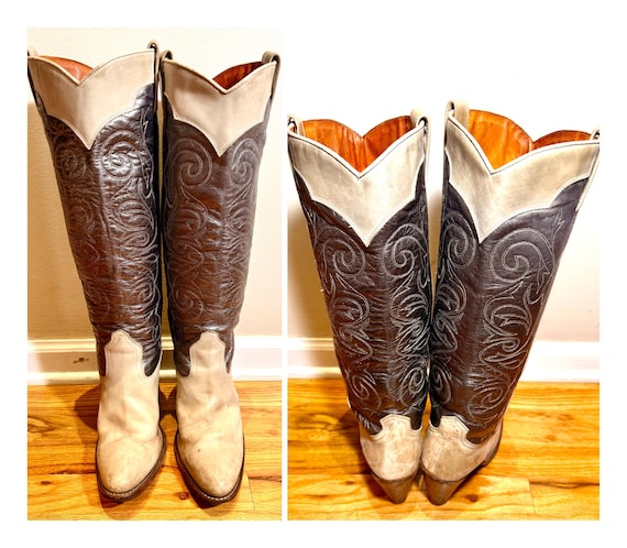 Size 10 1970s Frye Boots Cowboy Boots Women’s Cowgirl Shoes Ivory Silver Leather Tall Western Footwear High Heeled Riding Boots