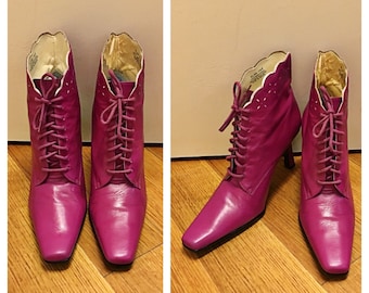 Size 7 1/2 Purple Lace-Up Ankle Boots Vintage 1990s Leather High Heel Boots Lace Up Heeled Booties Pointed Toe Fashion Booties