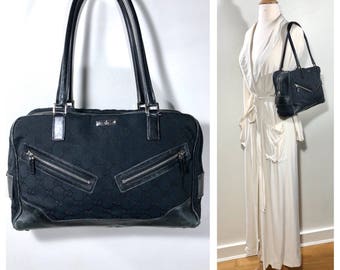 Vintage Gucci Bag Black Gucci Bowler Bag Gucci Monogram Bag 90s Gucci Large Gucci Bag Gucci Handbag Black Leather Bag Canvas Carryall