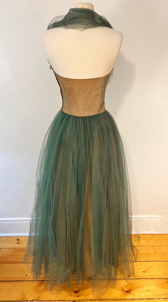 Vintage 1950s Taffeta Party Dress Green Tulle Ful… - image 5