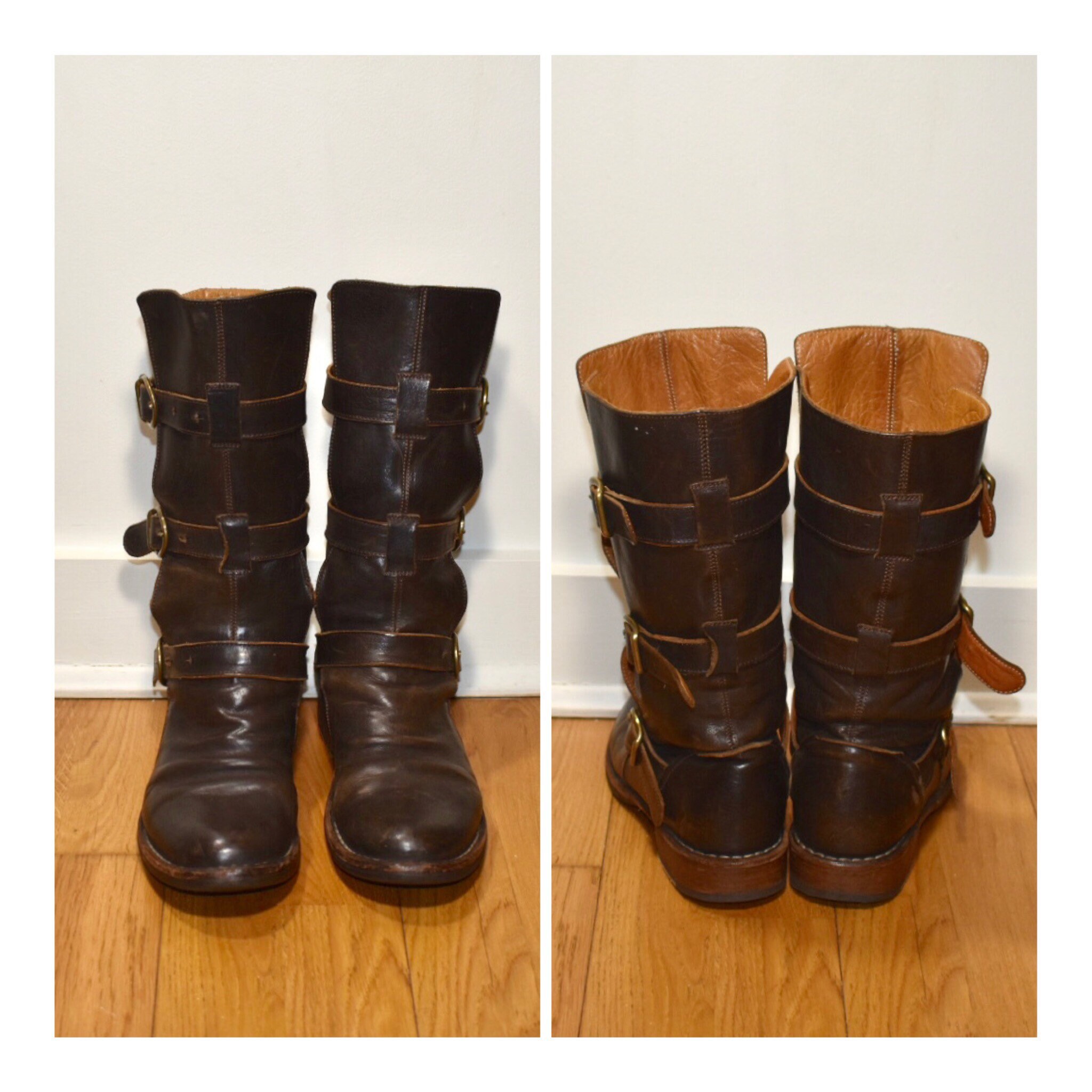 Size 8 Motorcycle Boots Brown Leather Midi Boots Women's Boots 38 Brown Wrap Boots Flat Boots 8 Engineer Boots 8 Biker Boots Slouch Boots