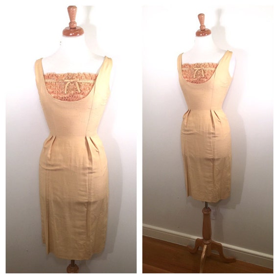 1960s Pencil Dress Vintage Gold Dress Silk Cocktail Dress Lace Wiggle Dress Yellow Midi Dress Wedding Guest Dress 60s Dress Small