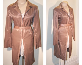 1990s Bronze Tan Trench Coat with Faux Leather Trim Belted Trench Jacket Slim Classic Trench Coat Fitted Midi Length Trench Jacket Small