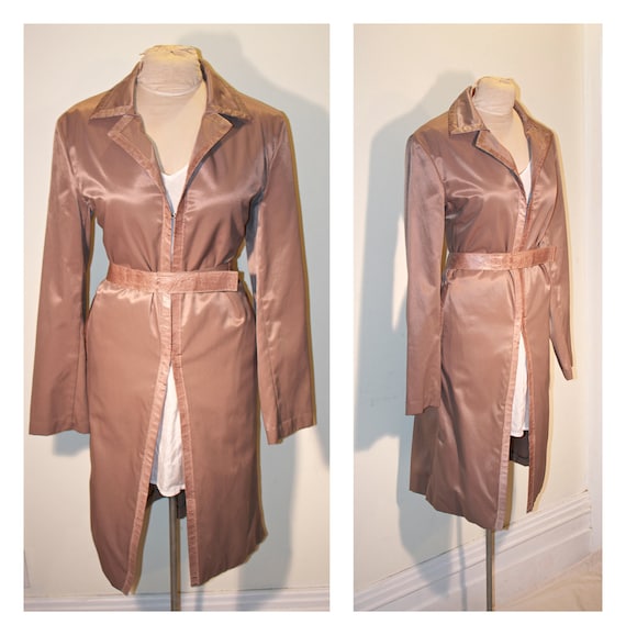 1990s Bronze Tan Trench Coat with Faux Leather Trim Belted Trench Jacket Slim Classic Trench Coat Fitted Midi Length Trench Jacket Small