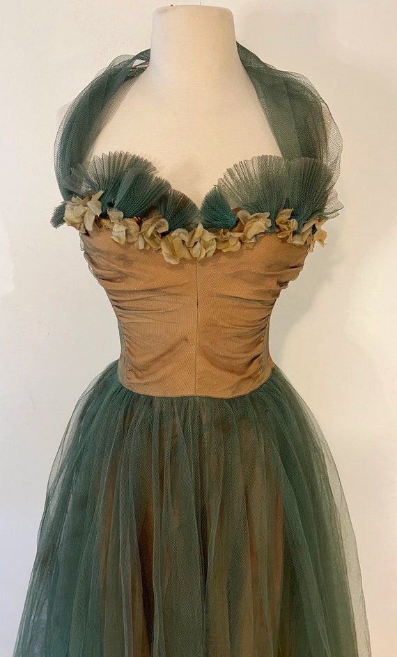 Vintage 1950s Taffeta Party Dress Green Tulle Ful… - image 8