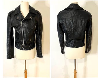 Vintage 1990s Black Leather Biker Jacket Small Leather Jacket Medium Motorcycle Jacket