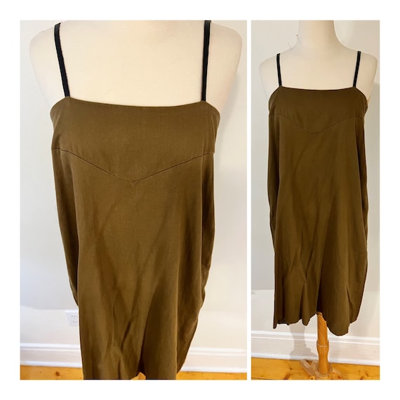 Vintage 1980s Green Shift Dress Cotton Mini Dress with Leather Straps