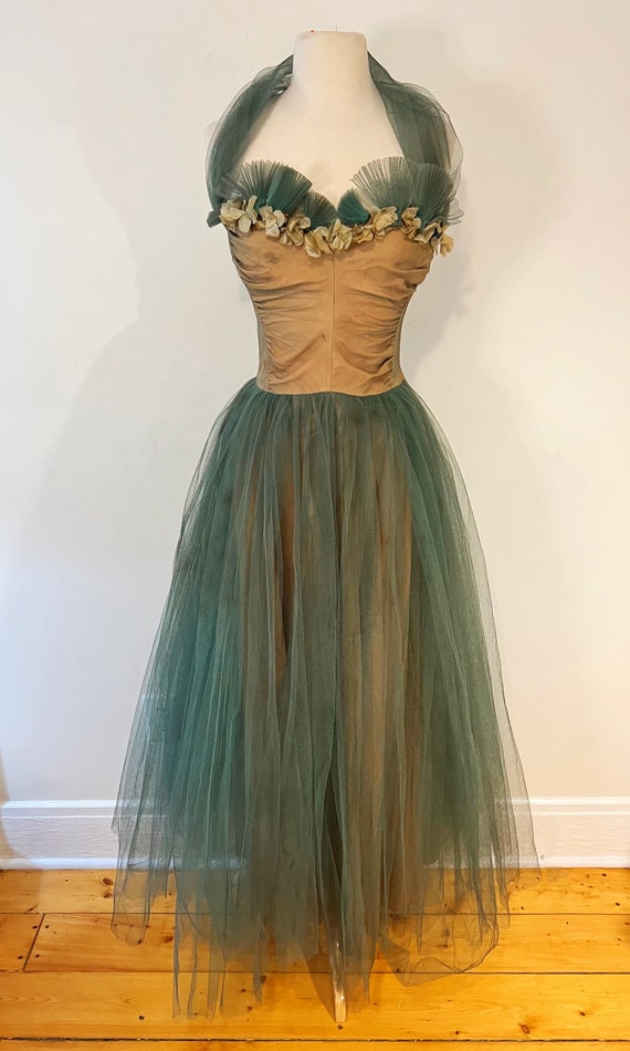 Vintage 1950s Taffeta Party Dress Green Tulle Ful… - image 4